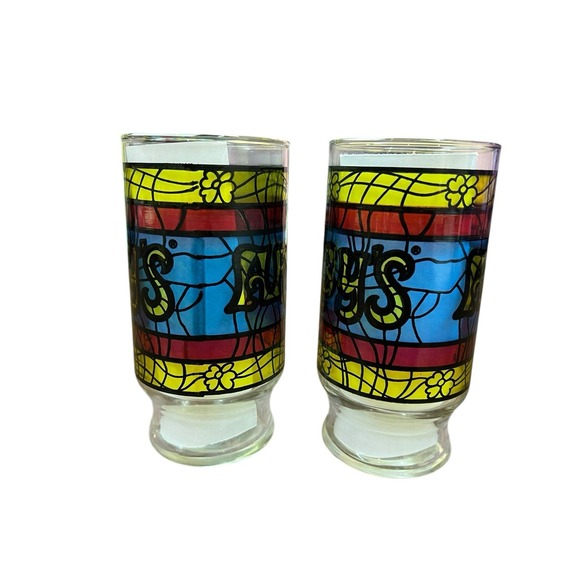 Arby's Restaurant Stained Glass Drinking Tumblers Glasses Vintage 1970s Set of 2 - Picture 2 of 4